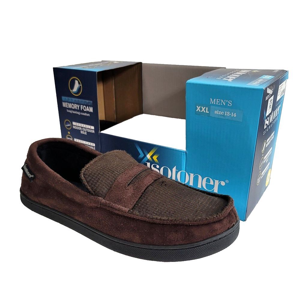Isotoner Signature Moccasin Slippers Mens 2XL 13-14 Foam Faux‎ Suede Brown NEW